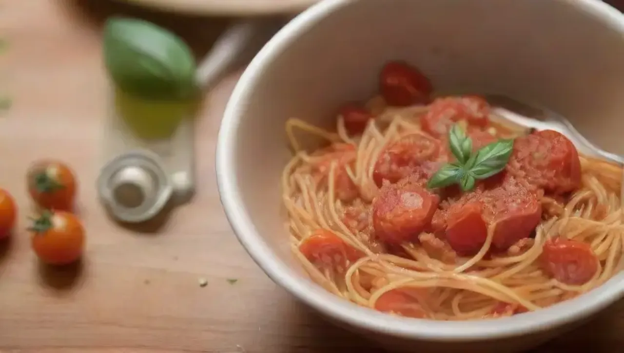 Una familia se reúne en una acogedora cocina, disfrutando de espaguetis con salsa de tomate y risas