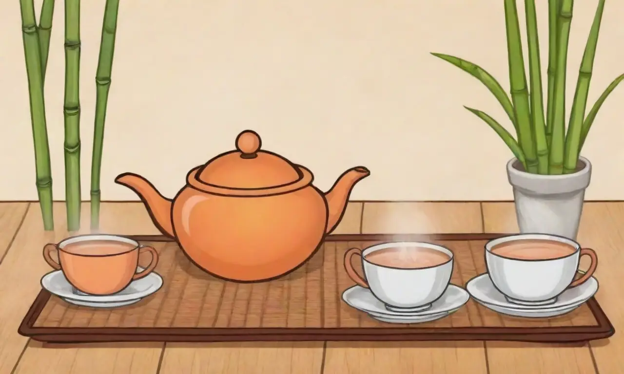 Una ceremonia del té con hojas, tetera, estera de bambú y tazas en un ambiente tranquilo y fragante