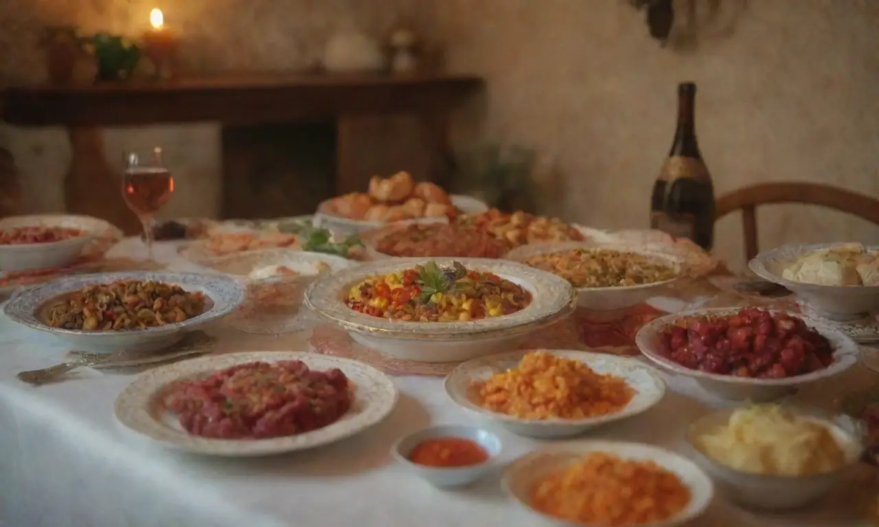Colores vibrantes y platos tradicionales rusos crean un ambiente alegre y acogedor