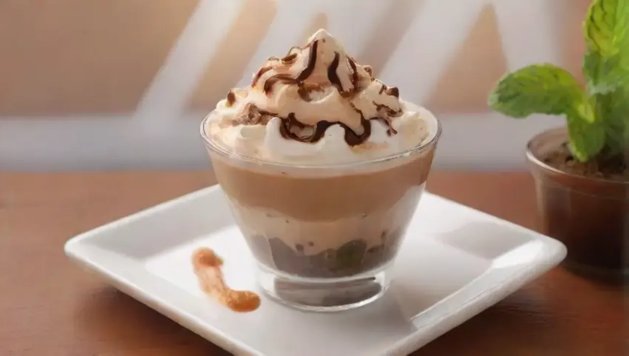 Un acogedor café con un parfait de café, crema y caramelo, rodeado de un ambiente cálido y aromas tentadores