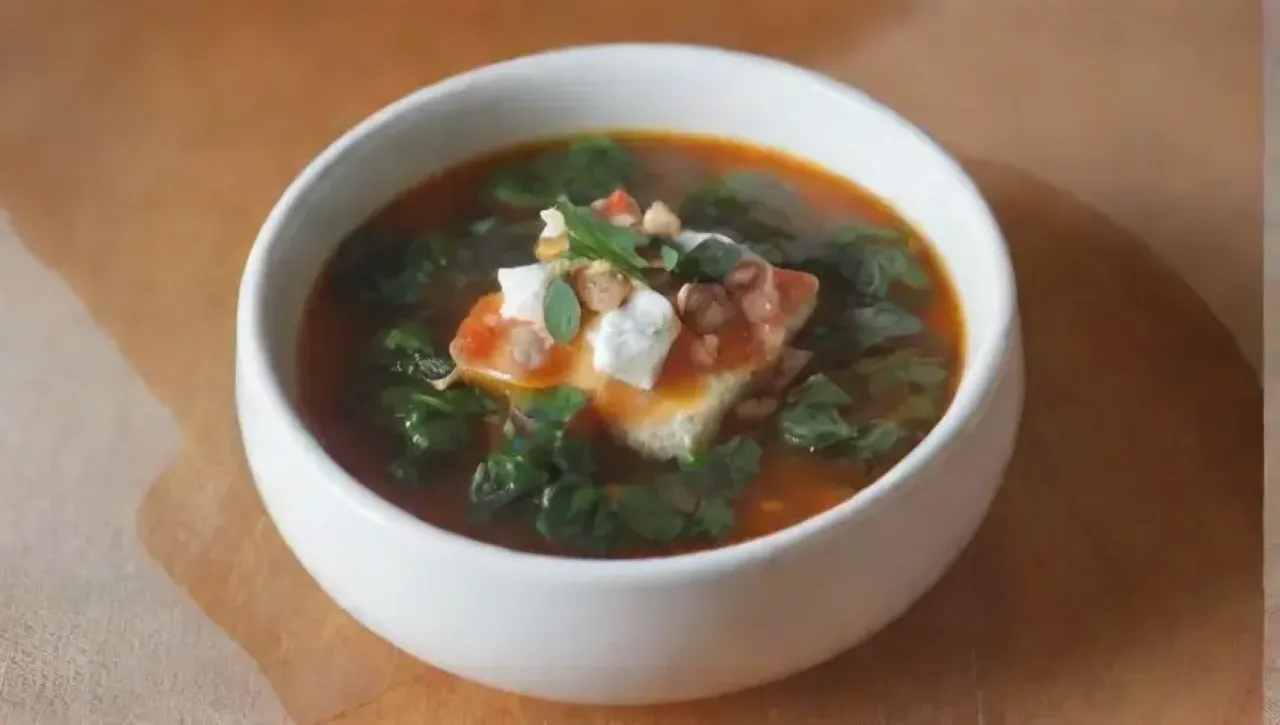 Una acogedora mesa rústica con sopa humeante, espinacas, queso feta, hierbas frescas y un ambiente cálido