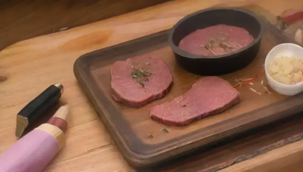 Una escena vibrante de cocina con carne jugosa, risas familiares y un ambiente acogedor