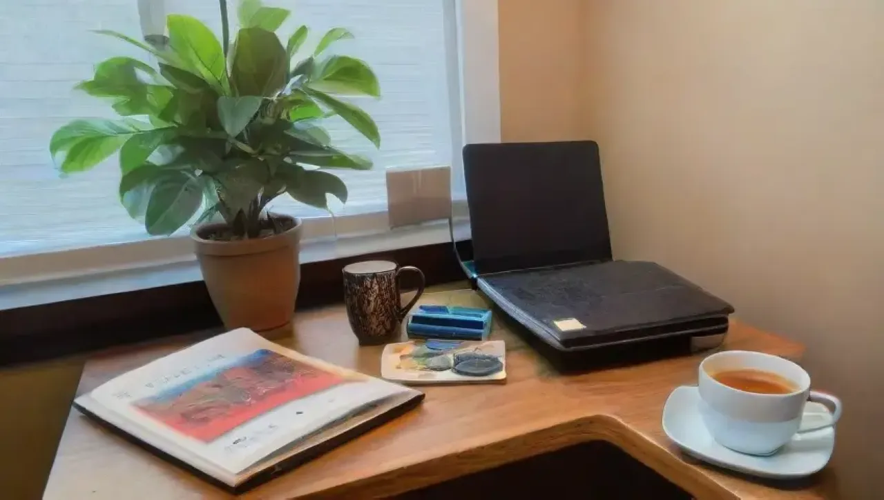 Un rincón de oficina acogedor con café, luz, plantas y un ambiente productivo
