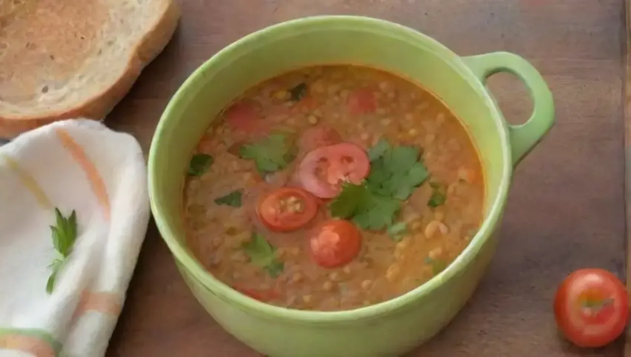 Una colorida y acogedora escena de sopa humeante con ingredientes frescos y especias