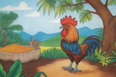 Gallito jamaicano colorido con especias y hierbas en un paisaje tropical