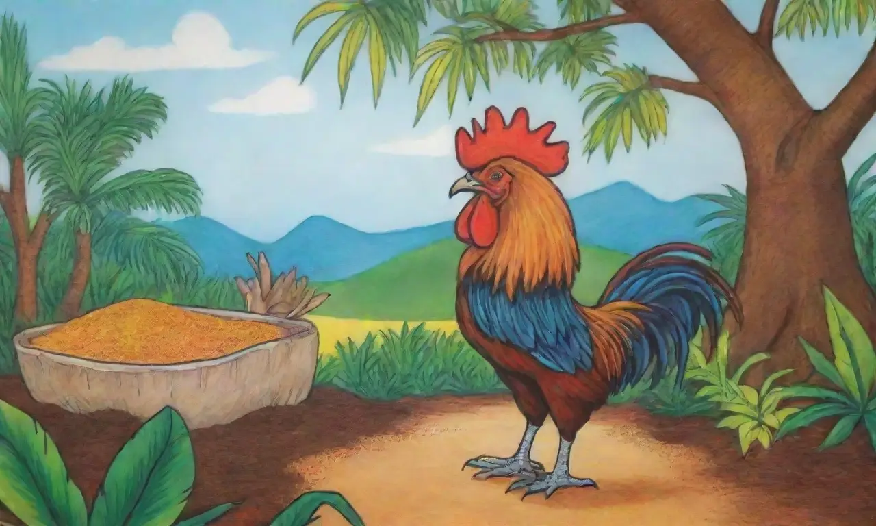 Gallito jamaicano colorido con especias y hierbas en un paisaje tropical