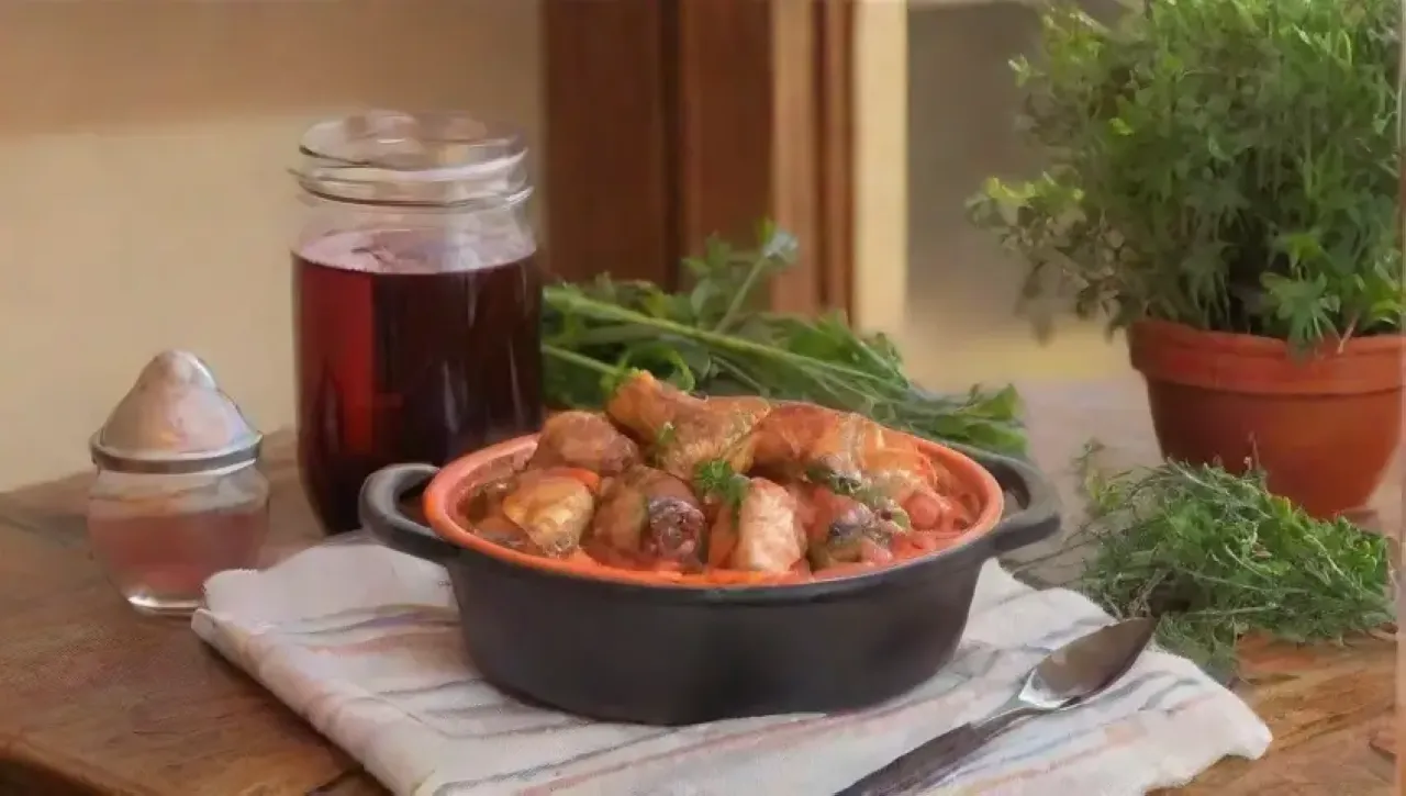 Ambiente acogedor de cocina con mesa rústica, vino, hierbas frescas y platos deliciosos