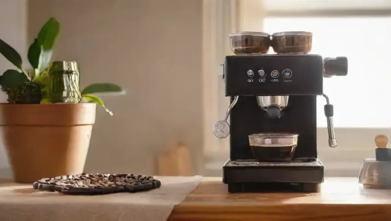 Un acogedor rincón de café con granos oscuros, una máquina brillante, y aromas envolventes