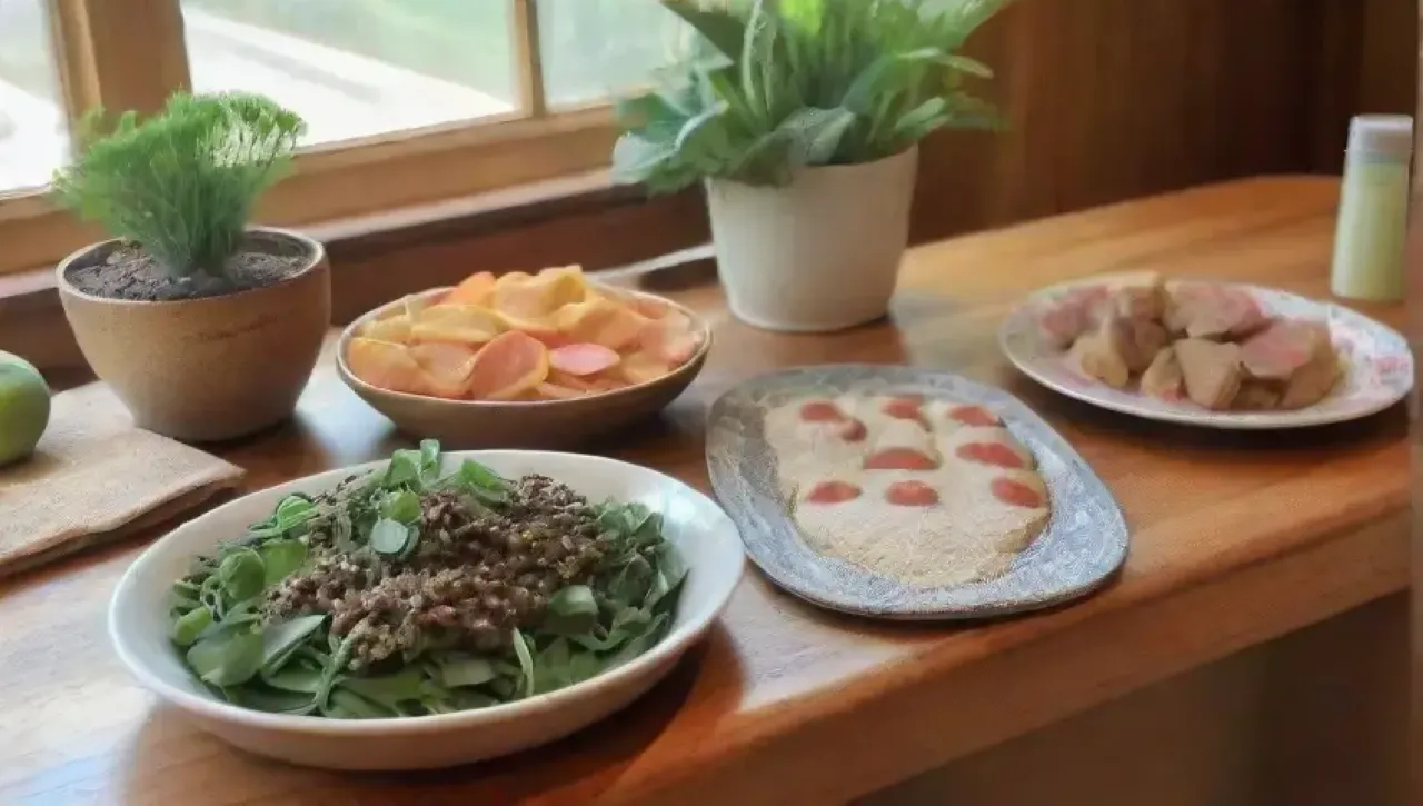 Una cocina serena con luz solar, frutas frescas, quinoa humeante y un ambiente acogedor