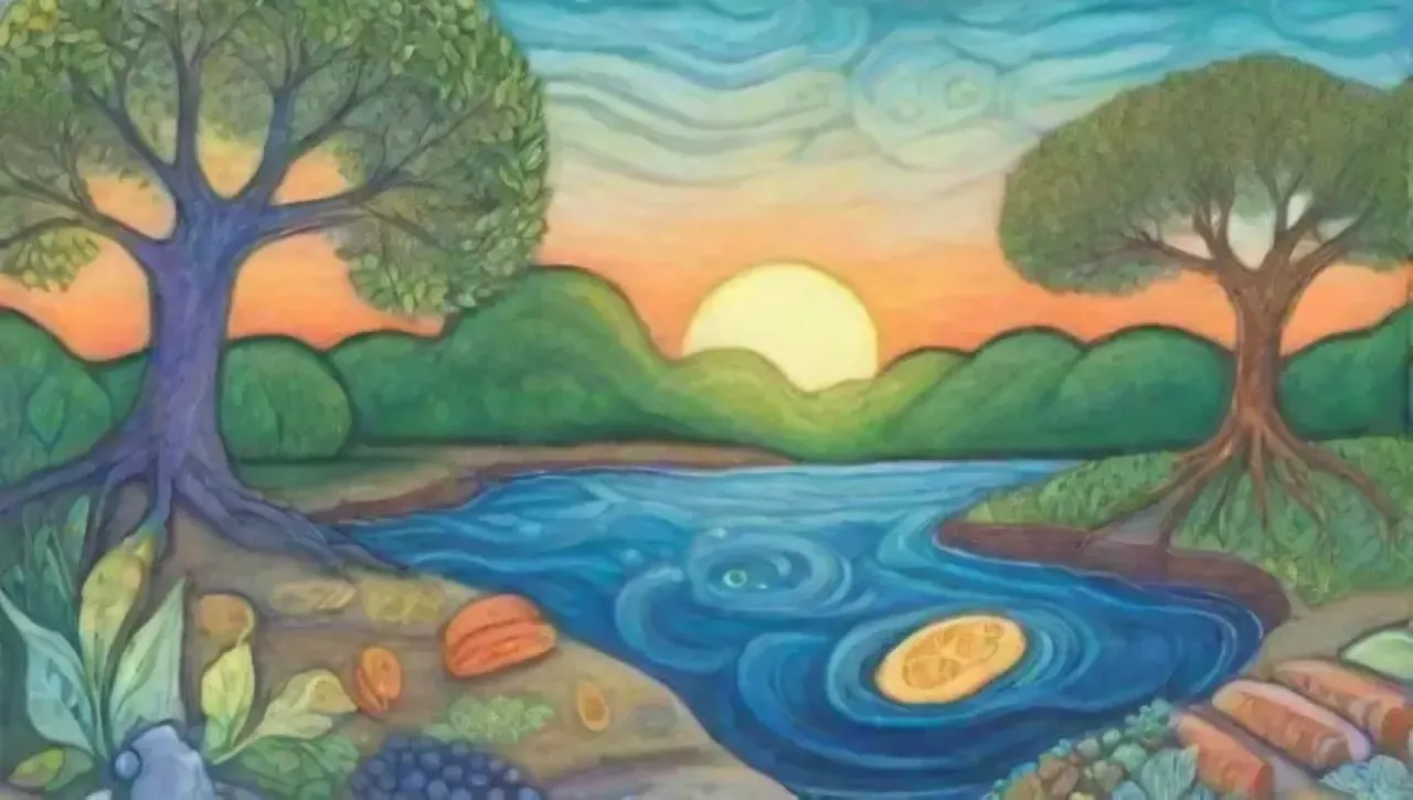 Un paisaje sereno con colores suaves, flora intestinal vibrante y un ambiente de calma y conexión
