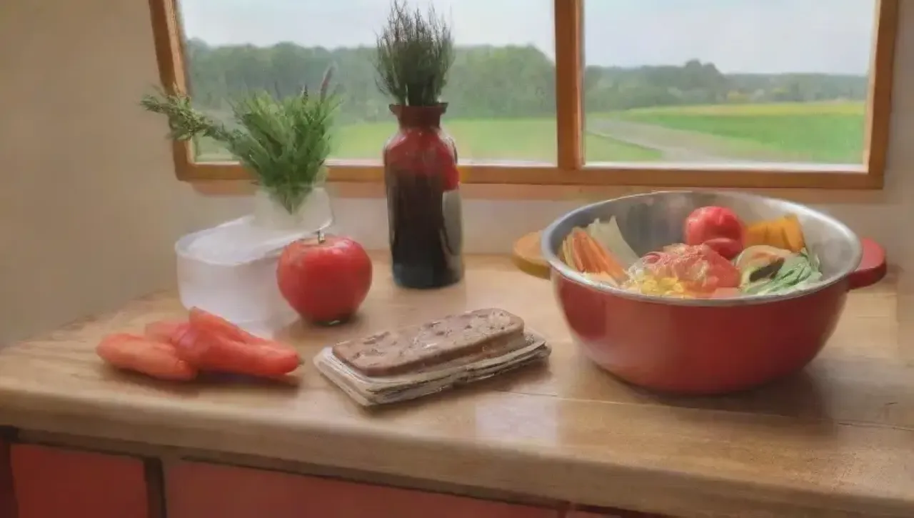 Una cocina vibrante y acogedora llena de utensilios, ingredientes frescos y aromas deliciosos