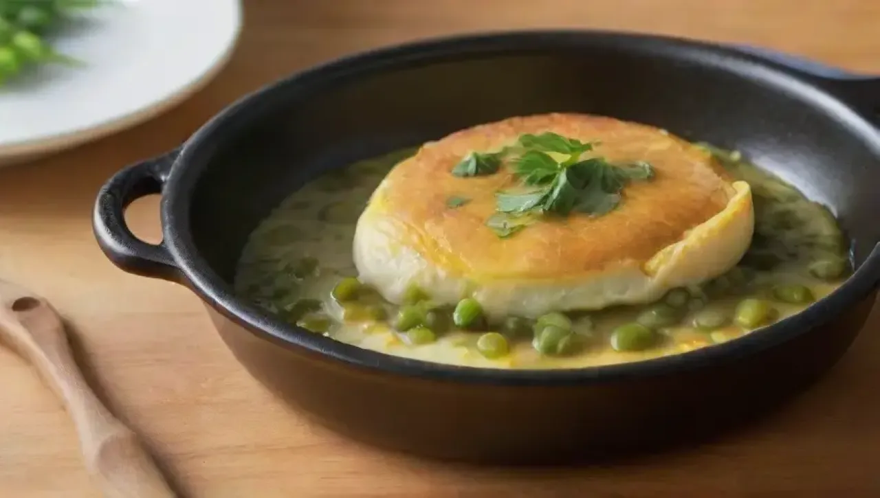 Cebollas doradas y aromáticas se mezclan con guisantes y una omelet amarilla en una cocina iluminada