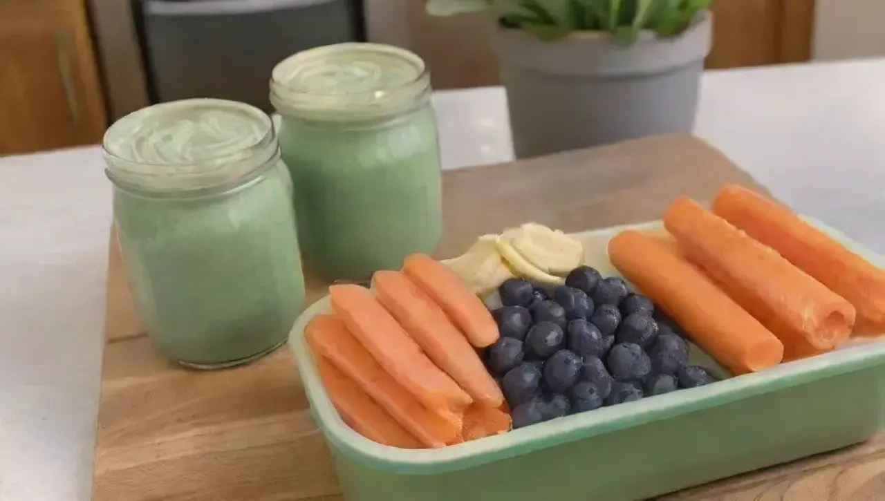 Un batido saludable y colorido con espinacas, zanahorias, arándanos, plátano, leche de almendras y miel