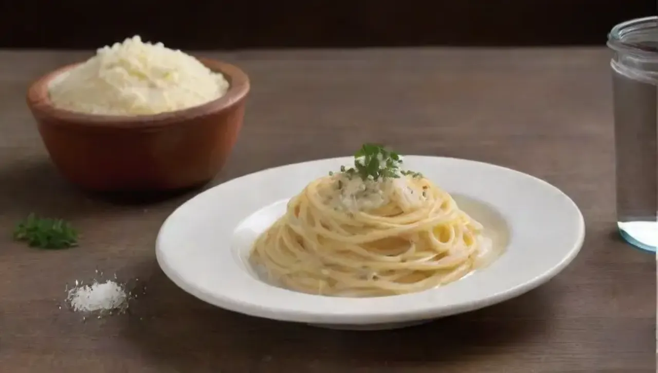 Pasta cremosa y dorada en una mesa rústica, con amor y magia culinaria