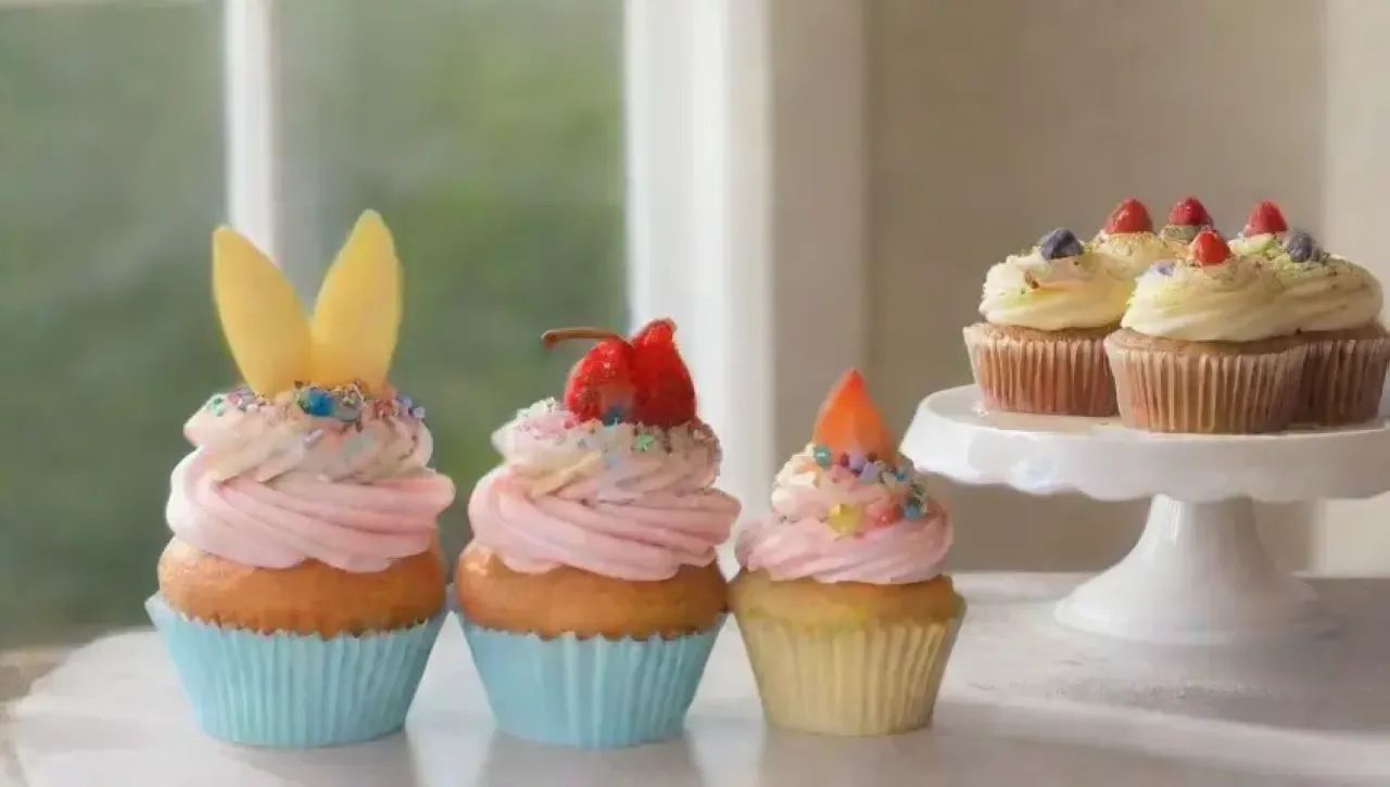Un alegre pastelero crea coloridos cupcakes en una luminosa cocina