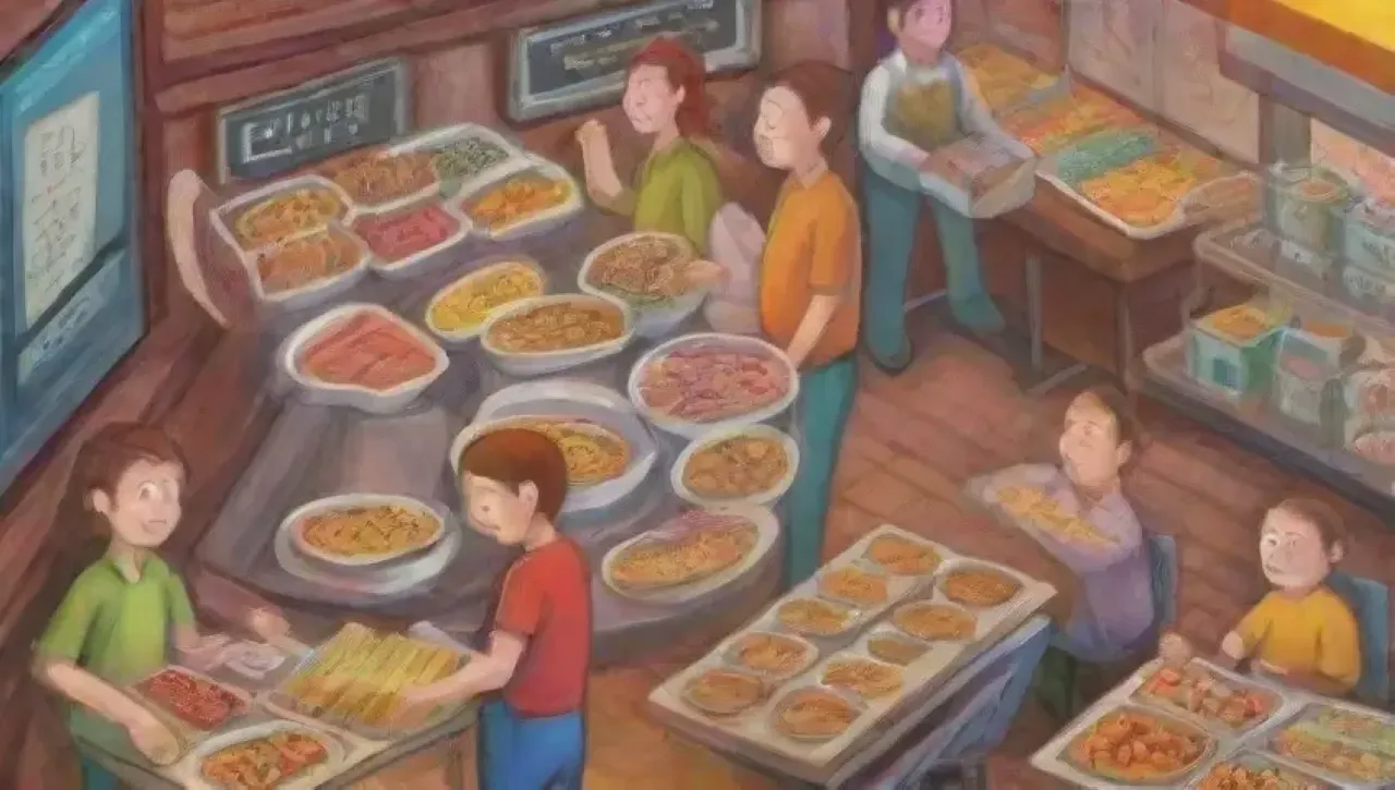 Escena gastronómica vibrante con comensales bulliciosos y menús coloridos