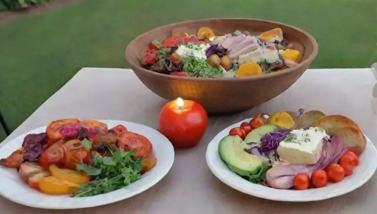 Una mesa vibrante y acogedora con comida colorida, vino y un ambiente cálido