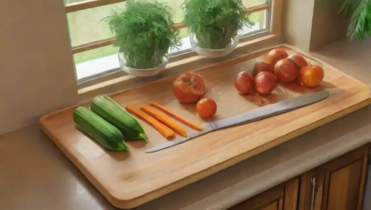 Una tabla de bambú rodeada de verduras frescas y un ambiente rústico