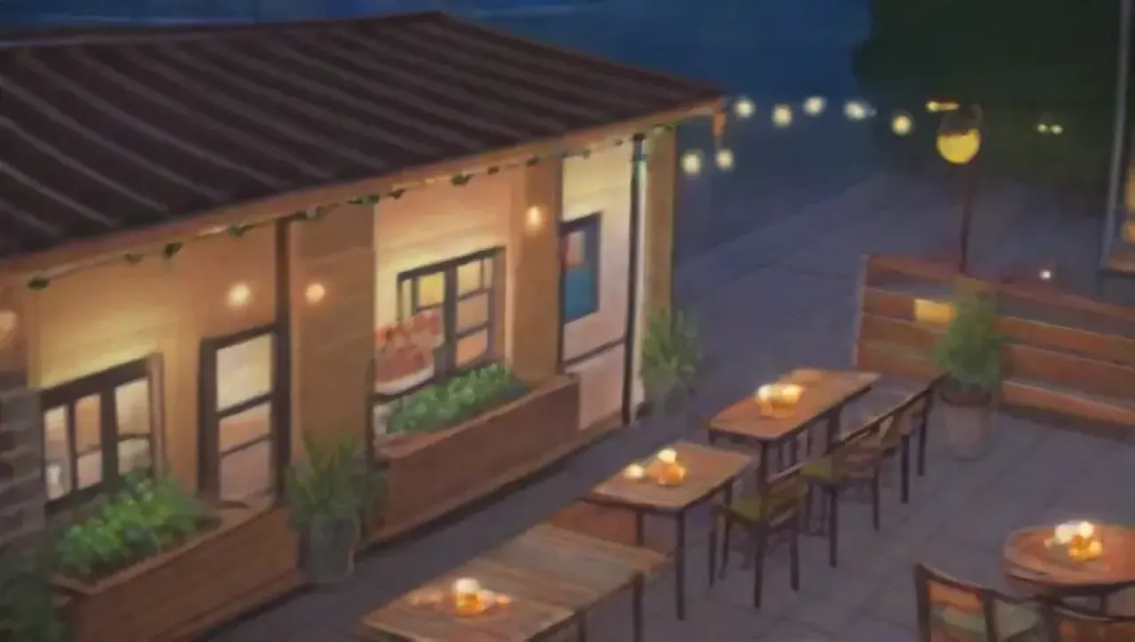 Terraza vibrante con luces, mesas rústicas, comida deliciosa y ambiente acogedor