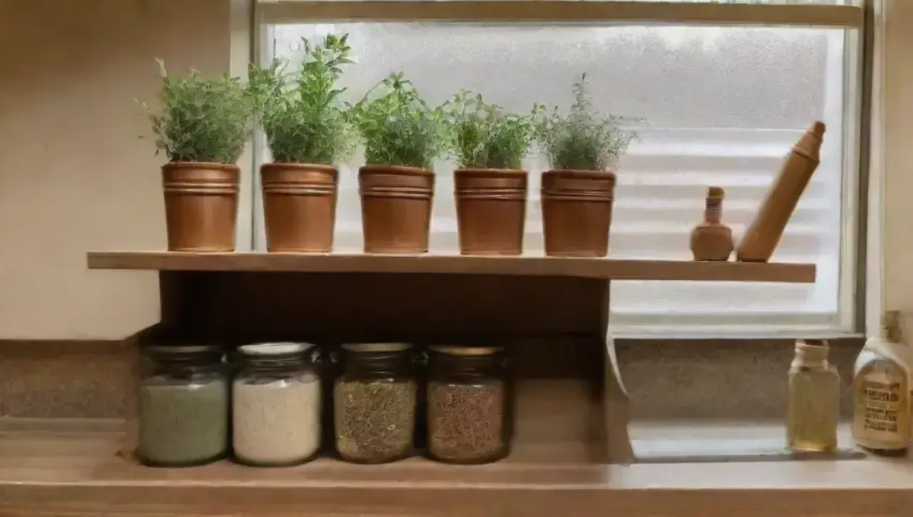 Una cocina rústica y acogedora llena de aceite, hierbas frescas y luz natural