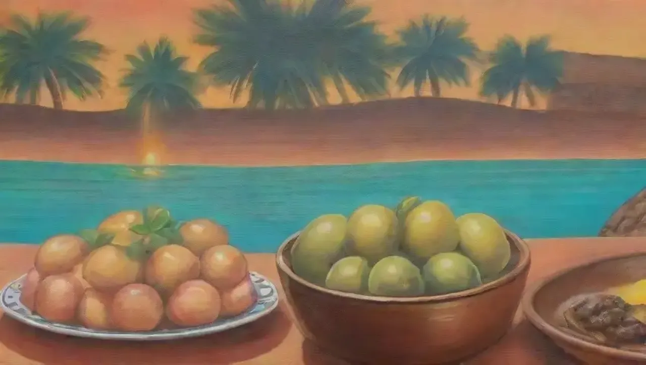 Una escena vibrante de cocina saludable con palmeras, aceite dorado, frutas frescas y una familia disfrutando de una comida