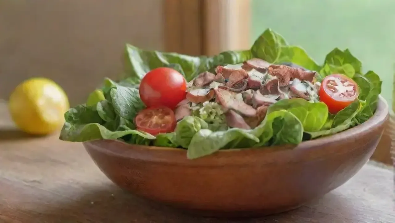 Una ensalada César vibrante y elegante con ingredientes frescos y un ambiente acogedor