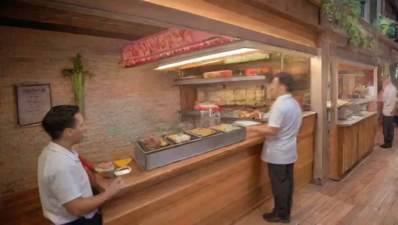 Un restaurante vibrante y acogedor, lleno de luces, risas y deliciosa comida