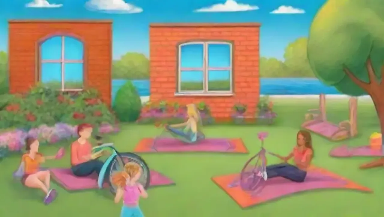 Un gimnasio vibrante y alegre con espacios para ejercicio, meditación y diversión al aire libre