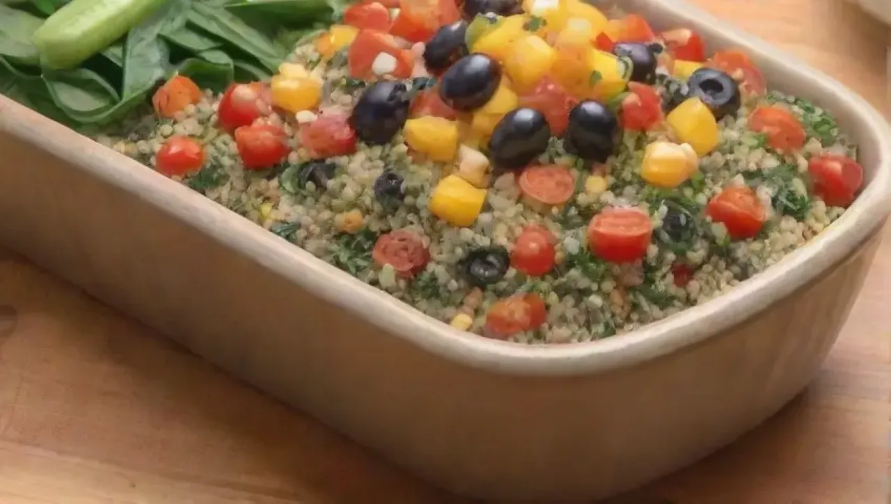 En un ambiente fresco y acogedor, se presenta una colorida ensalada de quinoa con verduras y hierbas