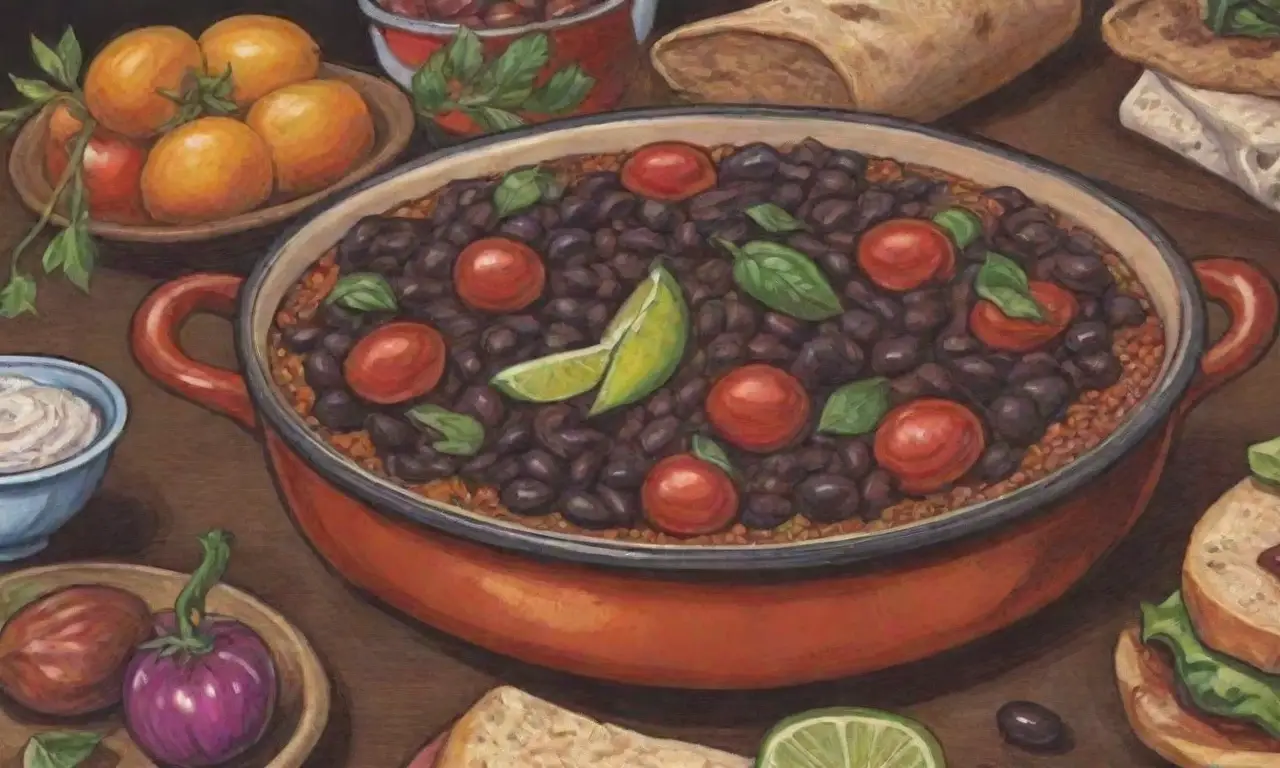 Receta clásica cubana de frijoles negros con colores vibrantes y especias tradicionales