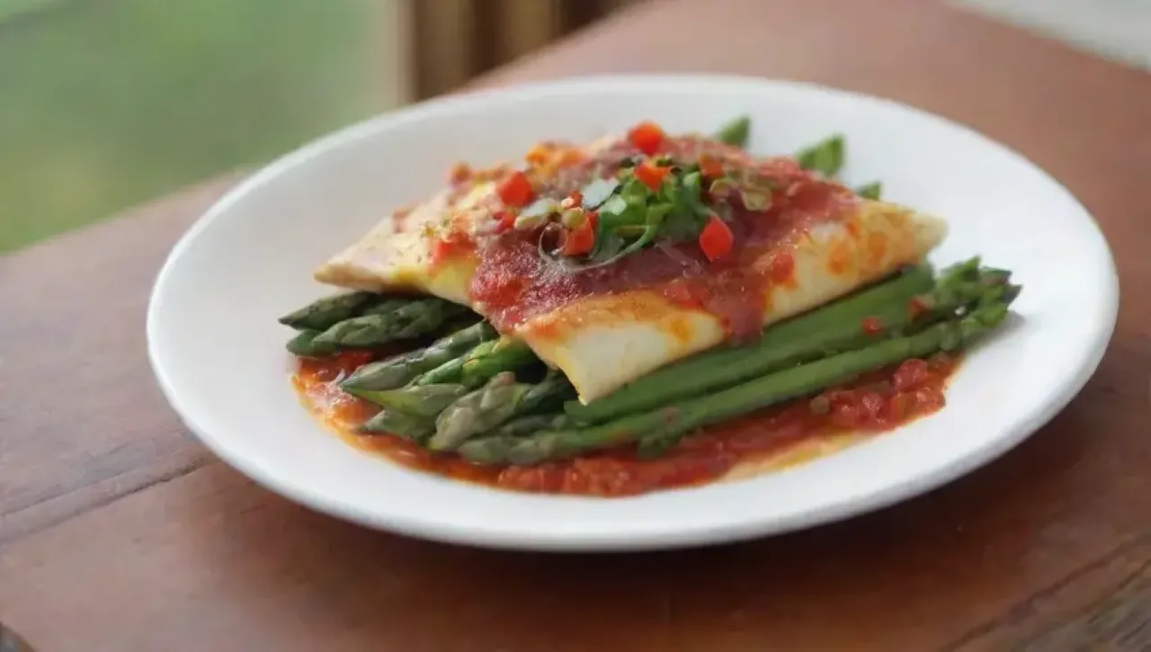 Un delicioso omelet con espárragos, tomates secos y hierbas, servido en un acogedor ambiente de cocina