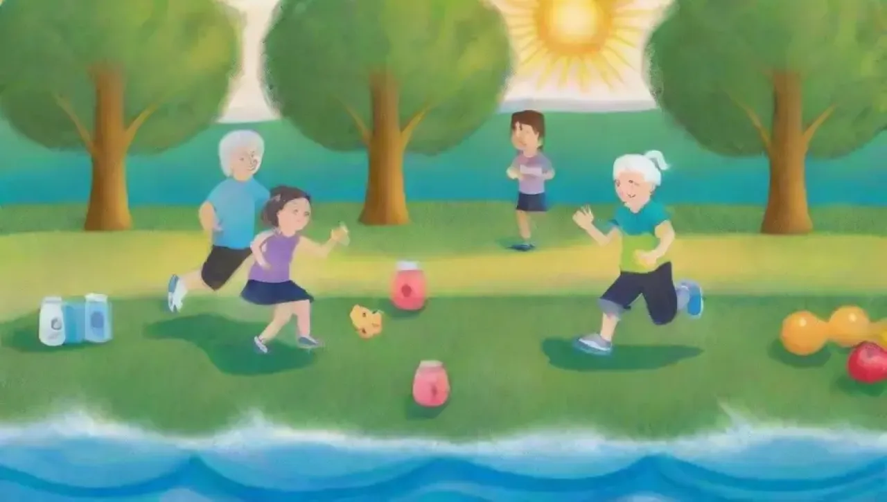 Un parque soleado con niños jugando, una pareja mayor caminando y momentos refrescantes de hidratación