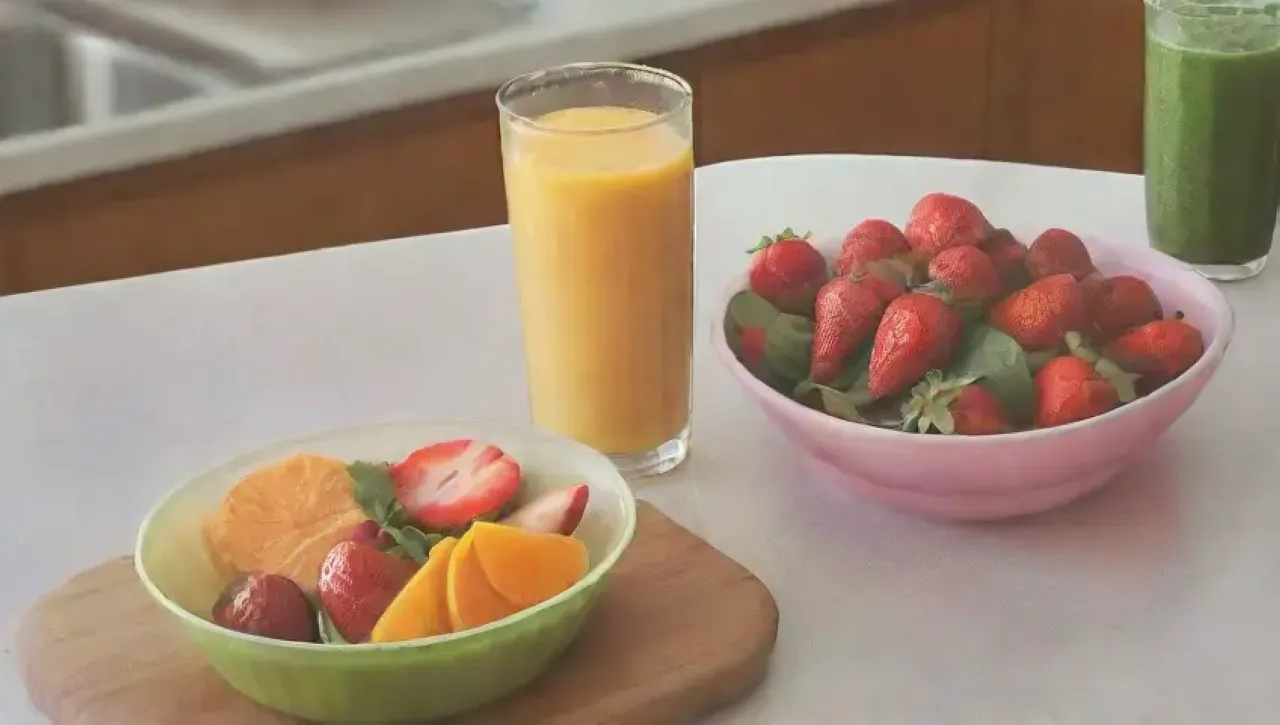 Un colorido desayuno de batido de frutas en una cocina soleada