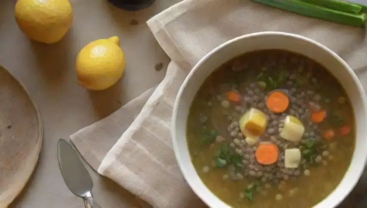 Una acogedora cocina con sopa de lentejas, limón, hierbas frescas y pan crujiente