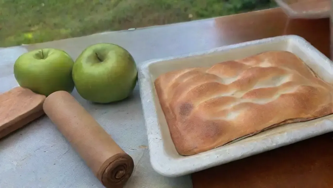 Una acogedora cocina con una mesa rústica, manzanas, strudel dorado y risas familiares