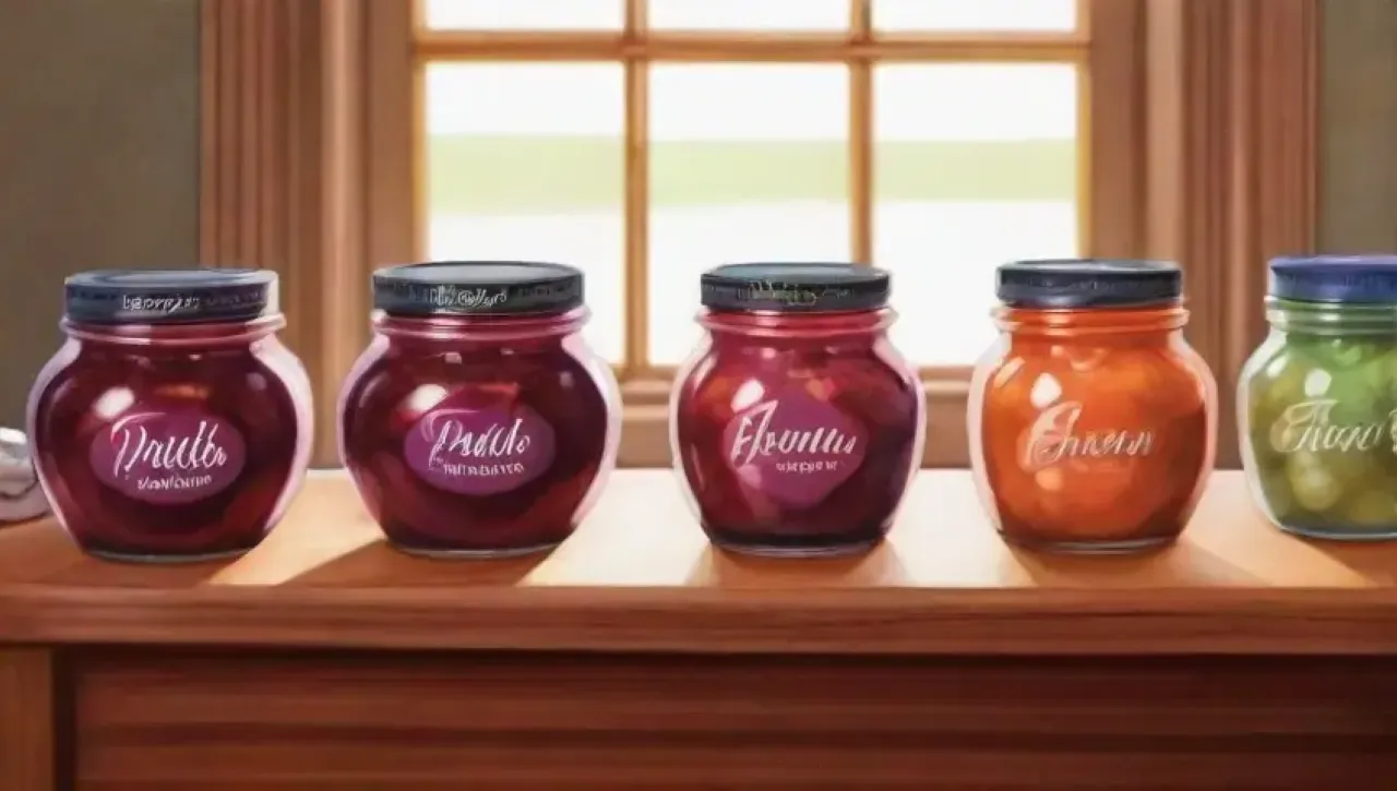 Tarros de mermelada vibrantes en una cocina acogedora, reflejando abundancia y sabores caseros