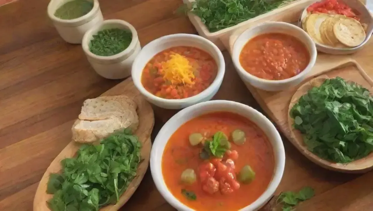Cocina luminosa con verduras coloridas y sopa aromática lista para servir