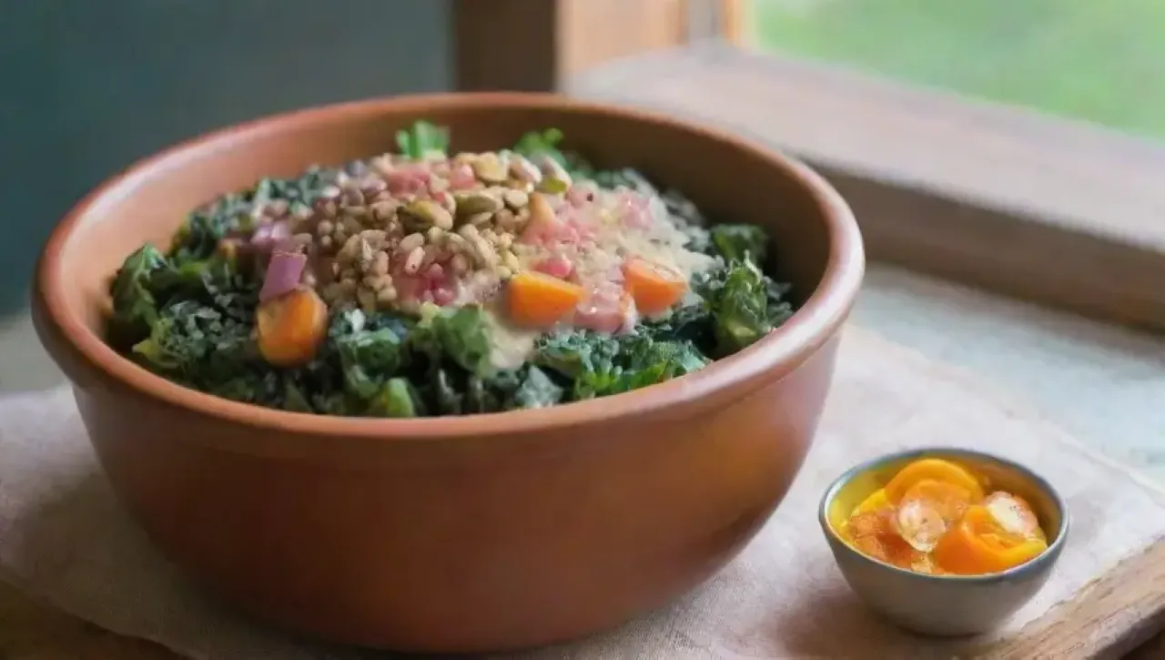 Una colorida y tranquila escena de alimentos frescos y elementos naturales