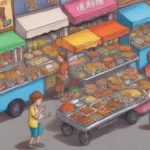 Comida callejera vibrante y deliciosa en un ambiente bullicioso