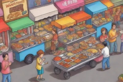 Comida callejera vibrante y deliciosa en un ambiente bullicioso