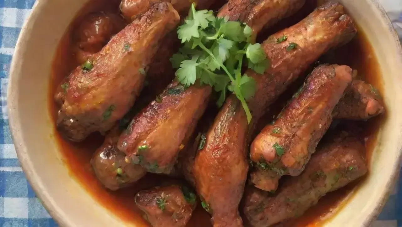 Alitas de pollo jugosas con salsa BBQ brillando, acompañadas de limón y un ambiente veraniego