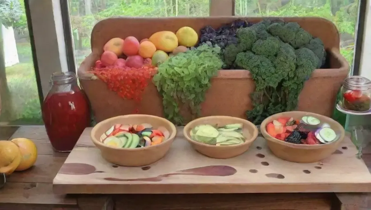 Mesa rústica llena de frutas frescas y coloridos jugos en un ambiente luminoso y saludable