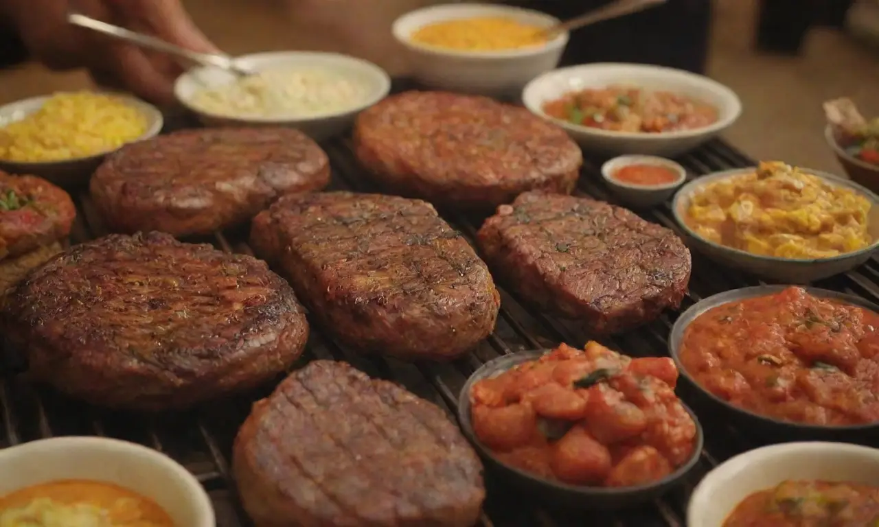 Escena festiva de parrilla con carnes, salsas vibrantes y tradición sudafricana