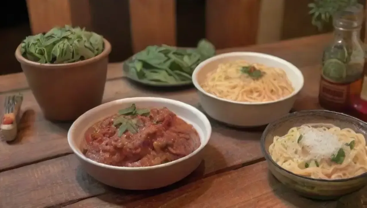 Un acogedor restaurante rústico con pasta humeante, velas parpadeantes y un ambiente lleno de risas y aromas deliciosos