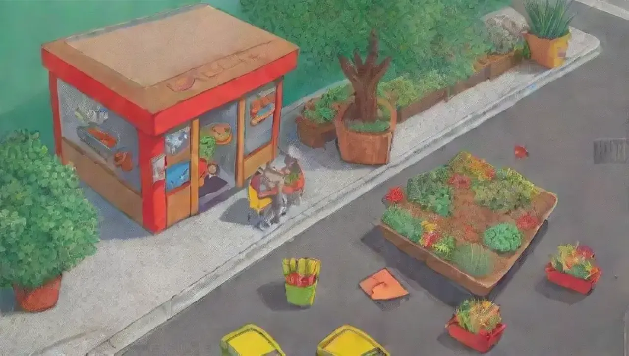 Una escena vibrante de vida urbana y naturaleza con comida rápida, risas y comunidad