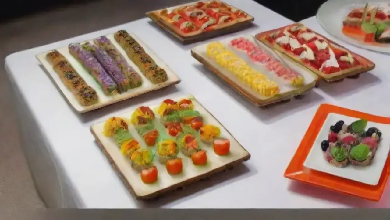 Una mesa elegante y vibrante con canapés artísticamente dispuestos y un ambiente acogedor