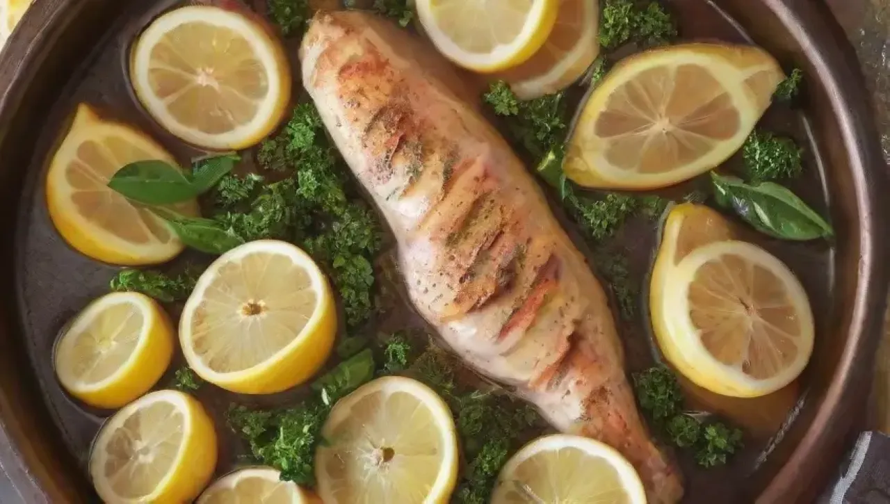 Un plato elegante de pollo al limón con hierbas frescas y un ambiente acogedor