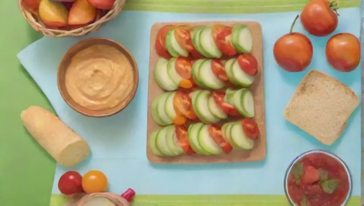 Un picnic alegre bajo un cielo azul, con comida fresca y risas