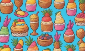 Postres coloridos y frutas tropicales en playas paradisíacas