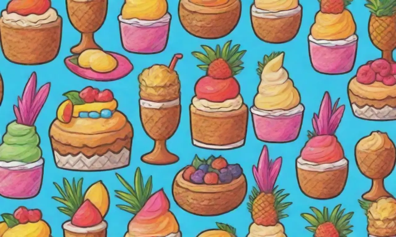 Postres coloridos y frutas tropicales en playas paradisíacas